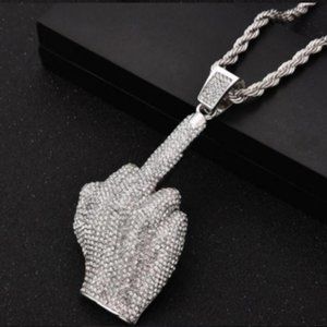 Bling Letter FY Finger Pendant Necklace Vertical Middle Finger Charm Silver